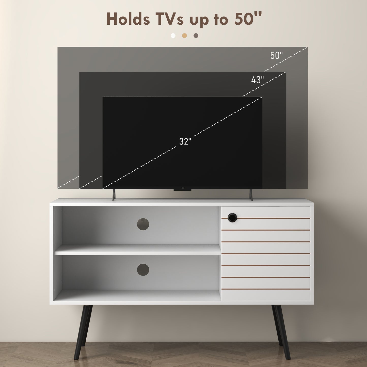 TV Unit for 50" TVs with 2 Open Shelves, Door and 2 Cable Holes, White