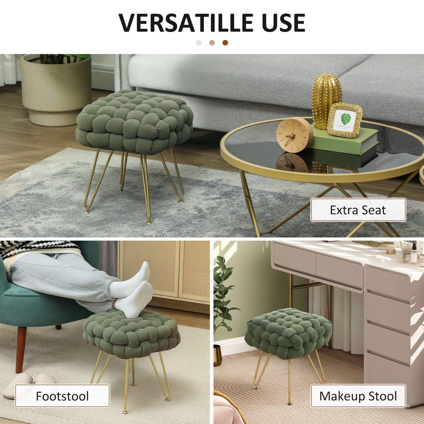 Woven Velvet Foot Stool with Steel Legs for Living Room, Dark Green