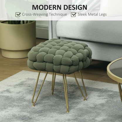Woven Velvet Foot Stool with Steel Legs for Living Room, Dark Green