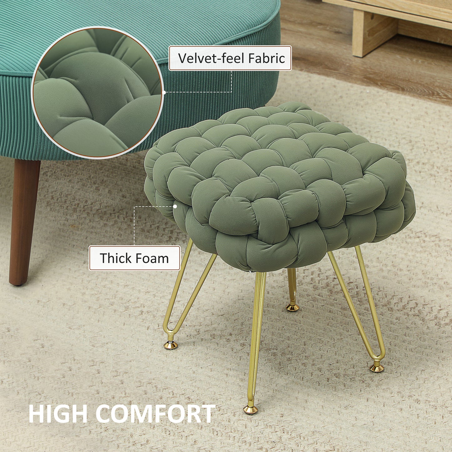 Woven Velvet Foot Stool with Steel Legs for Living Room, Dark Green