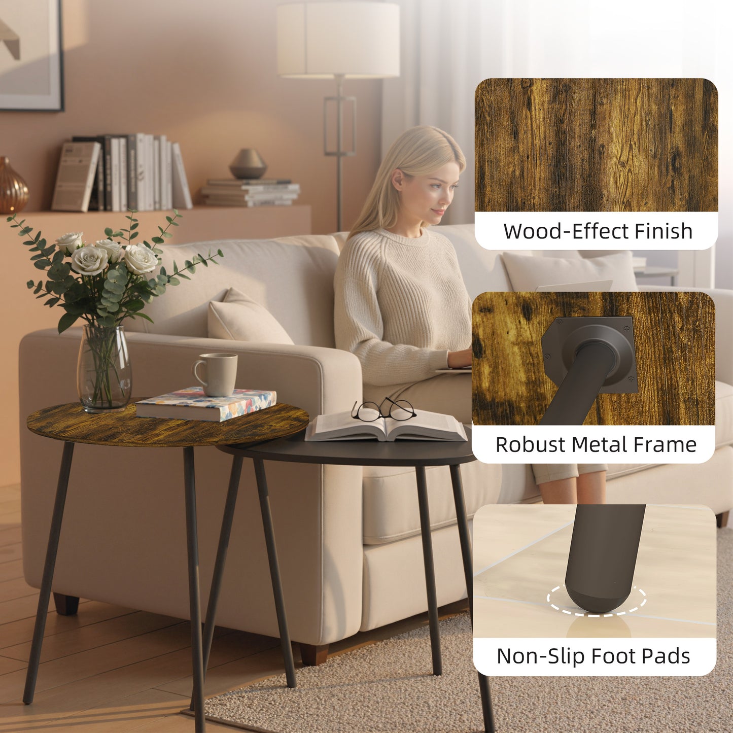 Set of 2 Nesting Side Table with Metal Frame, Rustic Brown