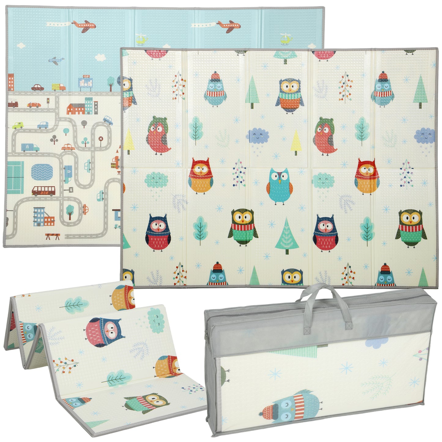 Baby Play Mat Double-Sided, Kids Floor Mat, Car Track and Owl Theme