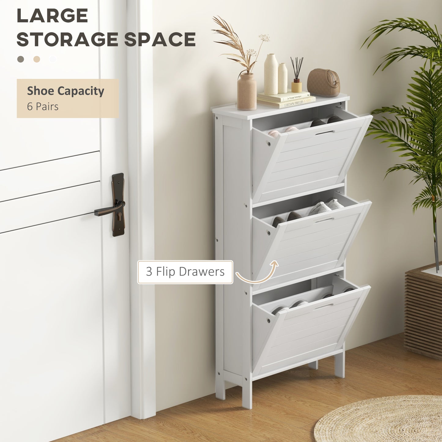 Narrow Shoe Storage Cabinet with 3 Flip Drawers, White