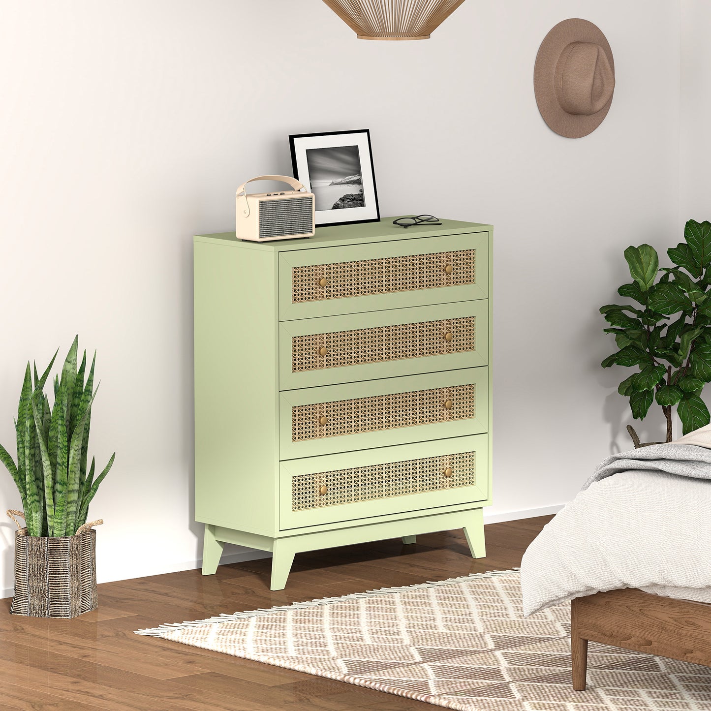 Chest of Drawers, 4 Drawer Unit Storage Organiser with Rattan Element