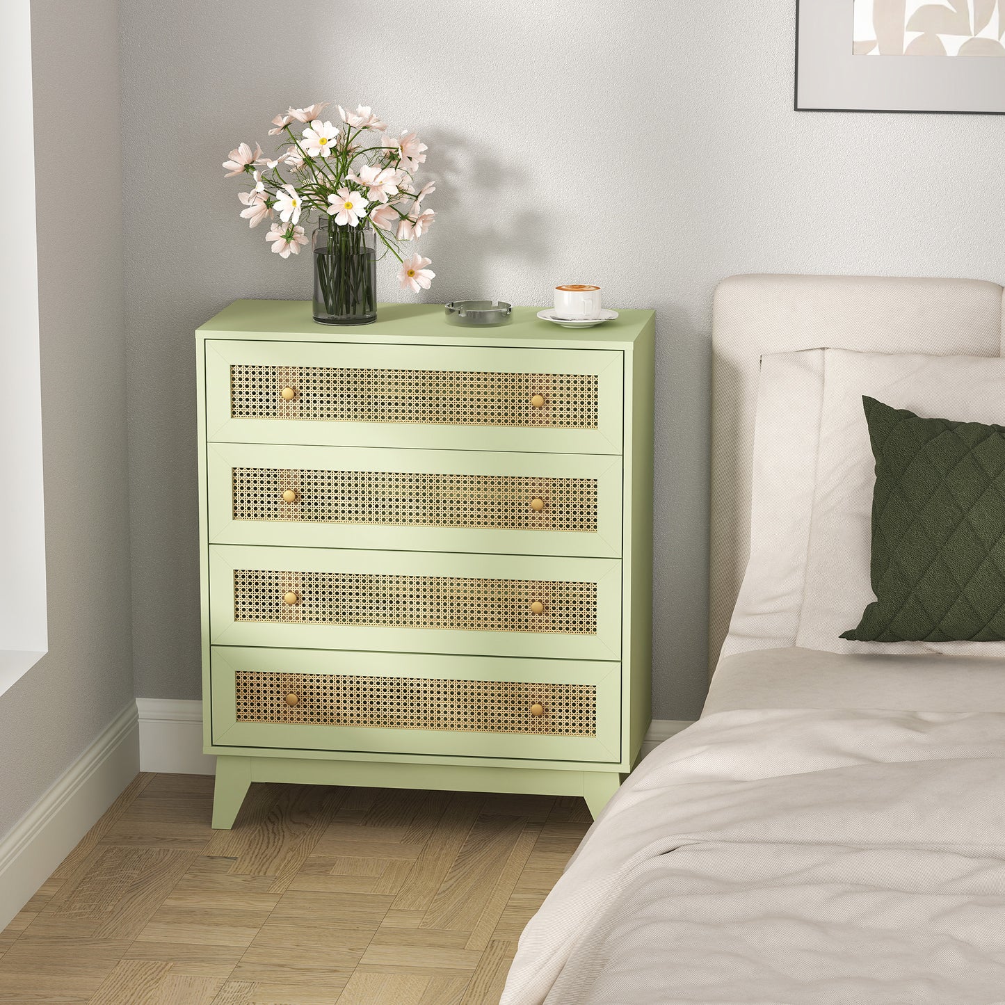 Chest of Drawers, 4 Drawer Unit Storage Organiser with Rattan Element