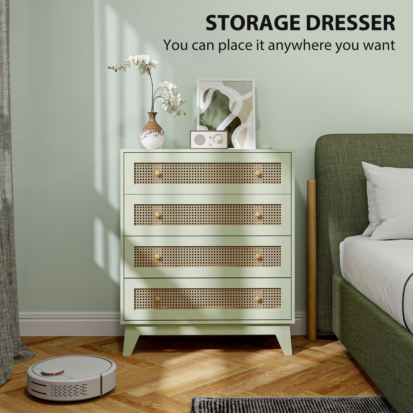 Chest of Drawers, 4 Drawer Unit Storage Organiser with Rattan Element