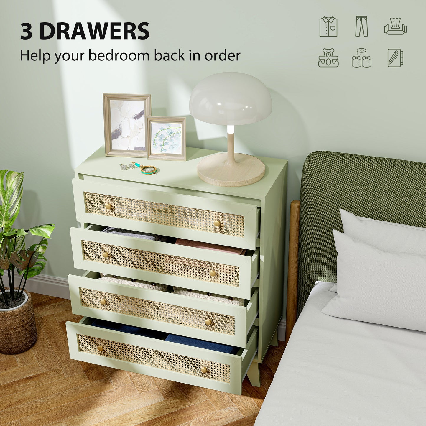 Chest of Drawers, 4 Drawer Unit Storage Organiser with Rattan Element