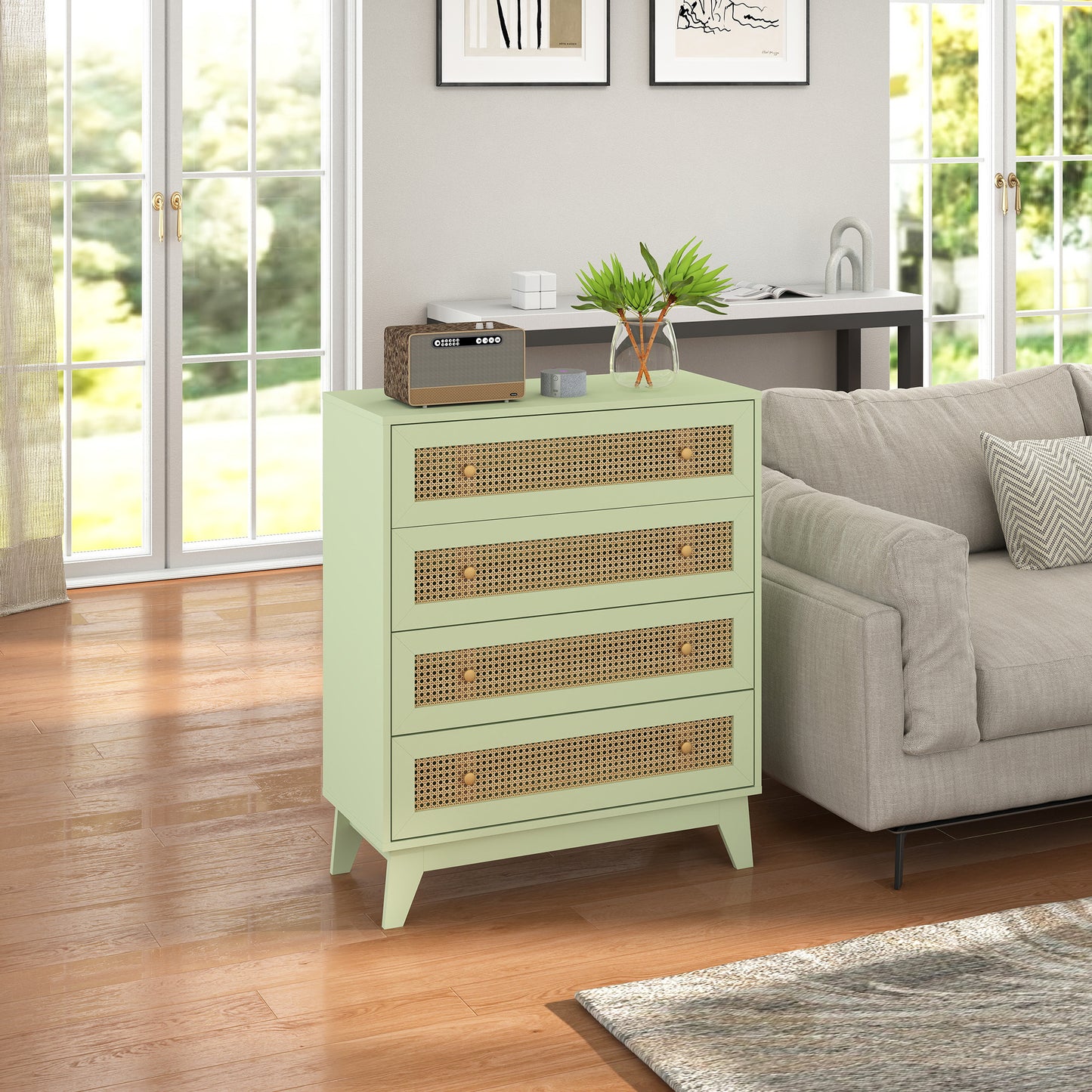 Chest of Drawers, 4 Drawer Unit Storage Organiser with Rattan Element