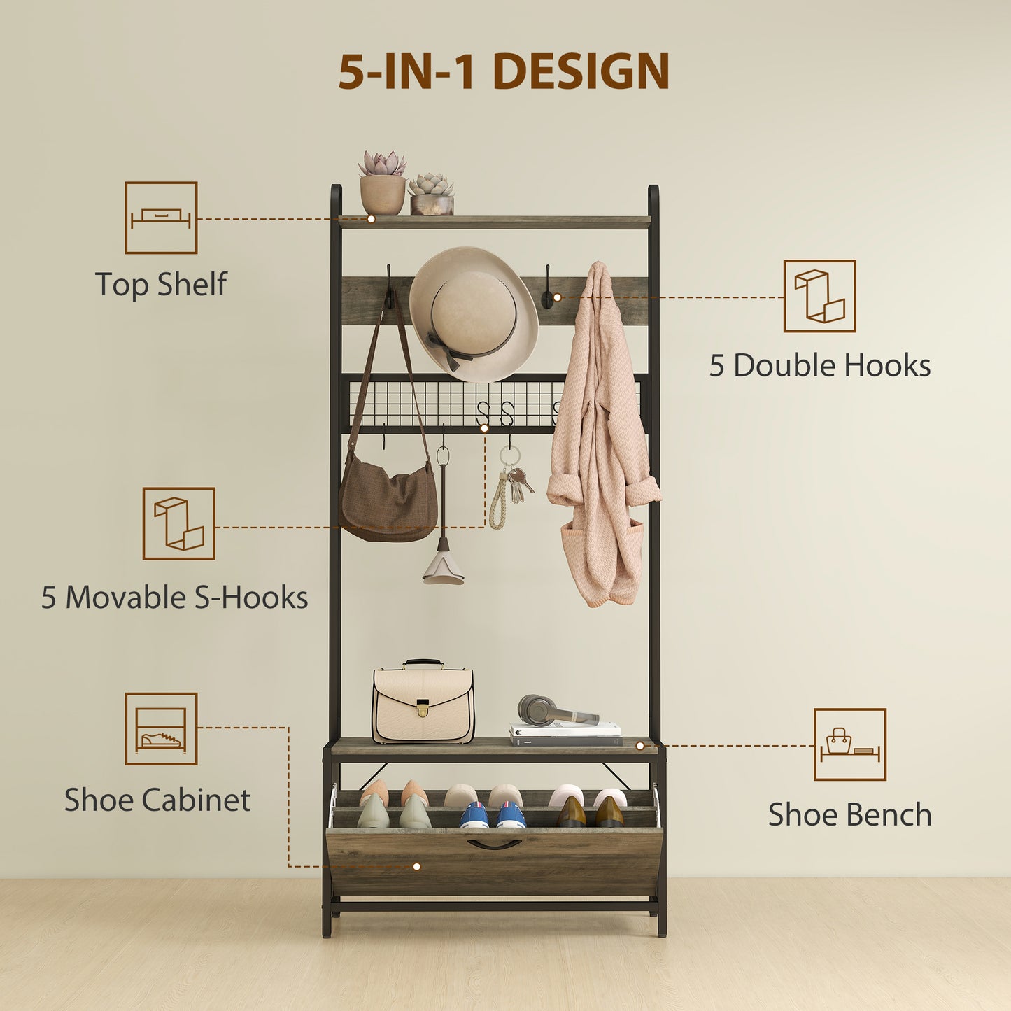 Industrial Hall Tree Coat Rack Stand with Shoe Cabinet Grey