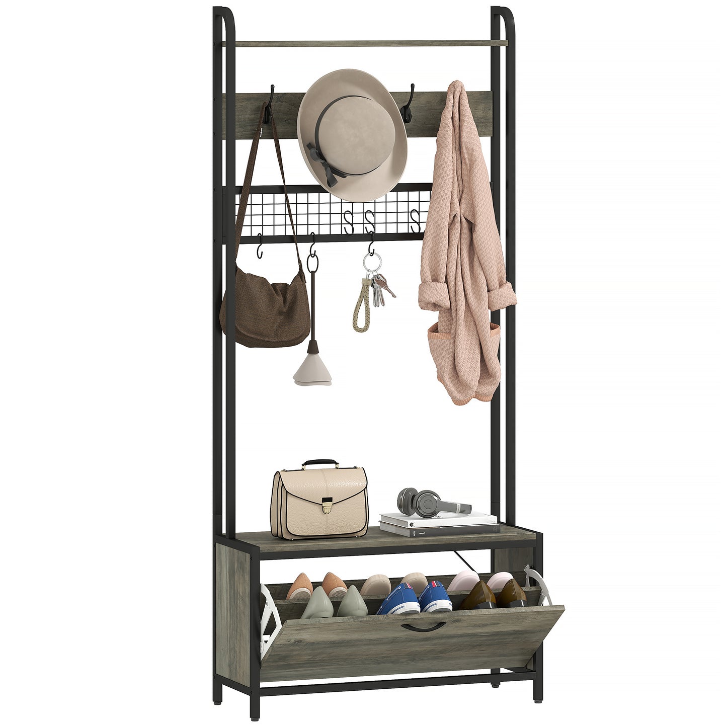 Industrial Hall Tree Coat Rack Stand with Shoe Cabinet Grey