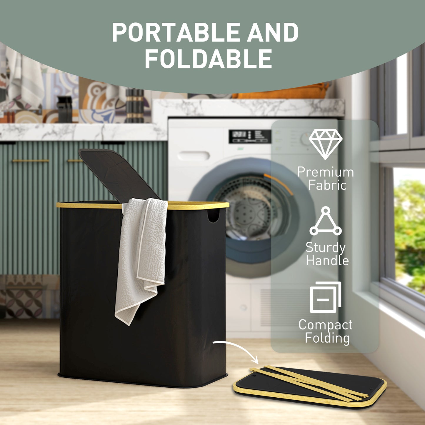 80L Collapsible Laundry Hamper, Washing Basket for Bathroom, Black
