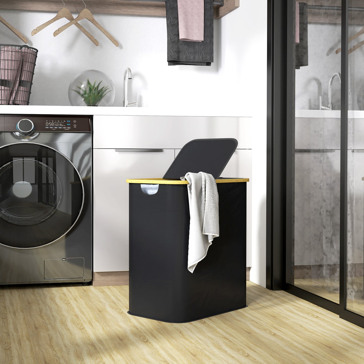 80L Collapsible Laundry Hamper, Washing Basket for Bathroom, Black