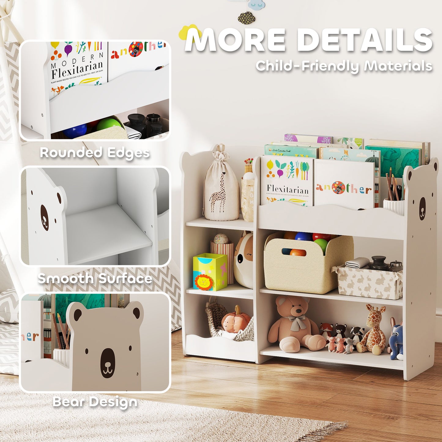 kids Toy storage unit, three tier Kids Bookshelf for Nursery, White