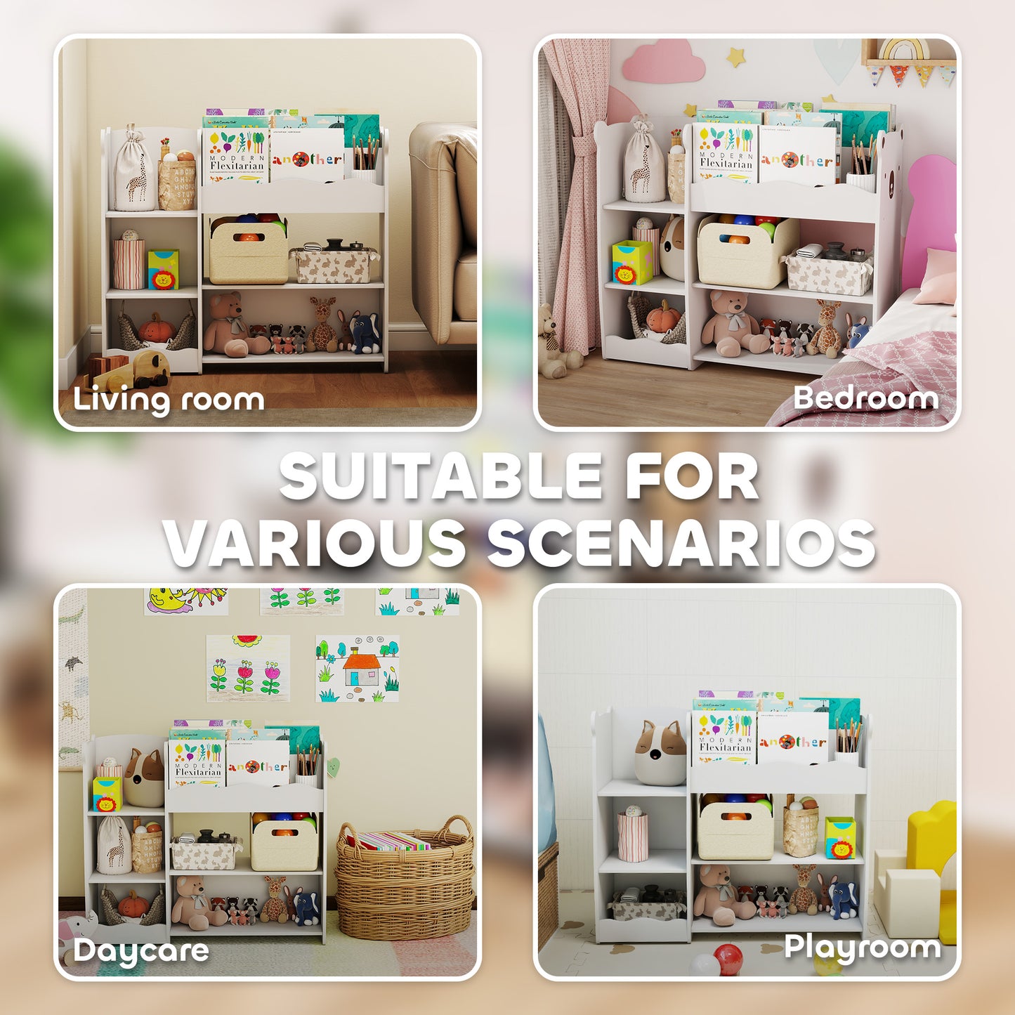 kids Toy storage unit, three tier Kids Bookshelf for Nursery, White