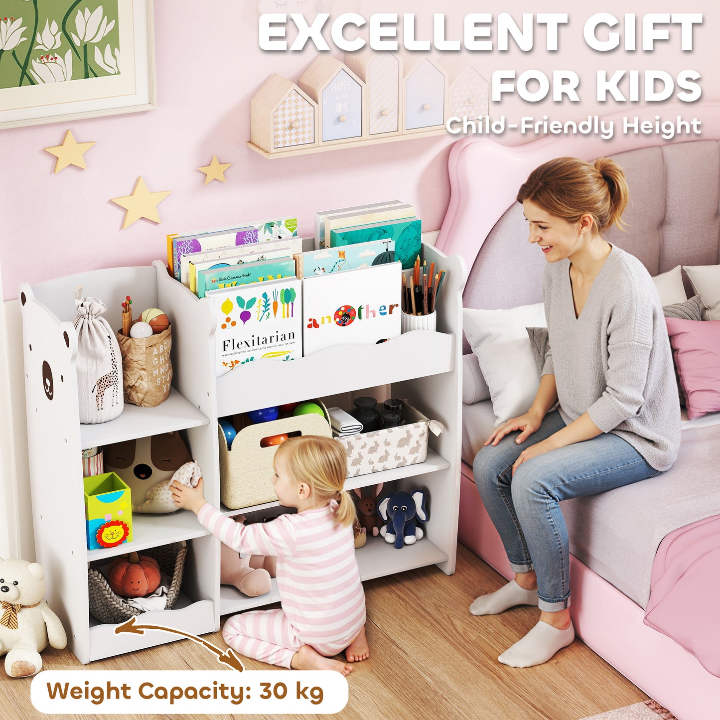 kids Toy storage unit, three tier Kids Bookshelf for Nursery, White