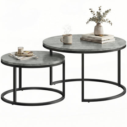 2 Pcs Stacking Coffee Table Set Steel Frame, Cement Grey