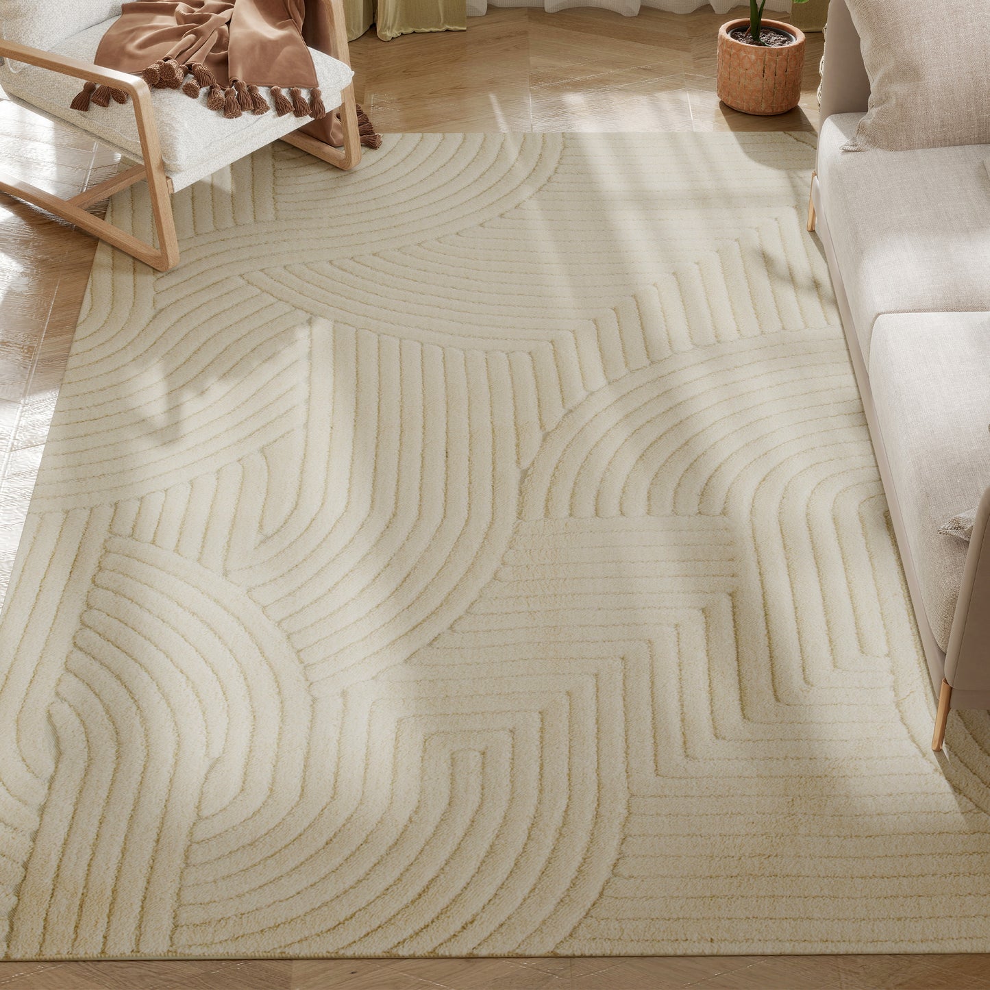 Modern Geometric Rug, Thick & Plush, Non-Slip, 230 x 160 cm – Cream