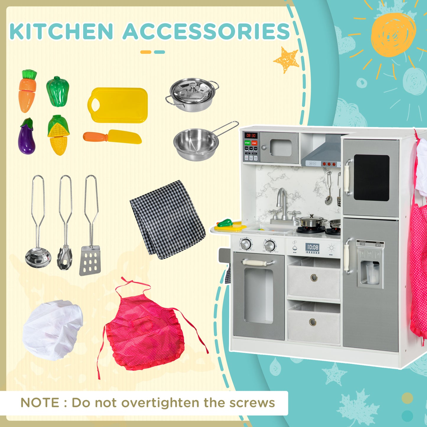 AIYAPLAY Toy Kitchen with Lights Sounds, Apron and Chef Hat, Ice Maker, Microwave, for 3-6 Years Old - White