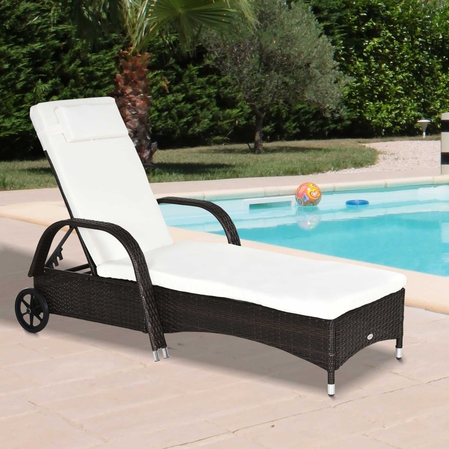 Outsunny Garden Rattan Furniture Single Sun Lounger Recliner Bed Reclining Chair Patio Outdoor Wicker Weave Adjustable Headrest with Fire Retardant Cushion - Brown