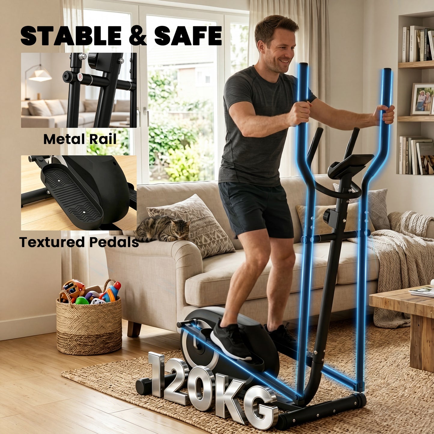 Elliptical Cross Trainer for Home, Quiet Magnetic Elliptical Machine with Bluetooth, App Compatible, 8-Level Adjustable Resistance, LCD Monitor & Pulse Sensor, Wheels, 120KG Load Capacity