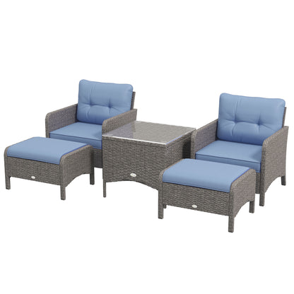 5 Pieces PE Rattan Garden Furniture Set, Wicker Outdoor Set w/ 2 Armchairs 2 Stools Glass Top Table Cushions, Blue