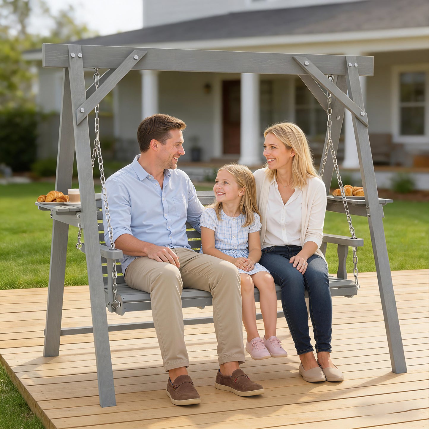 3 Seater Wooden Garden Swing Chair with Side Tables, Dark Grey