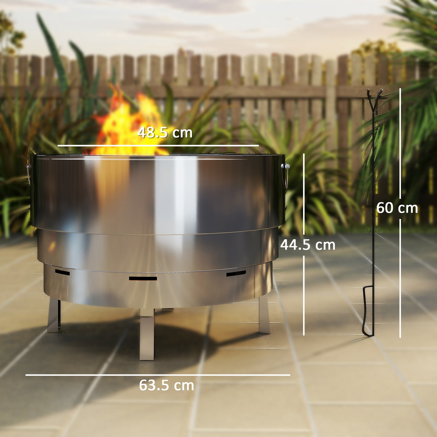 Round Fire Pit with Grill Net, Stainless Steel Firepit, Silver