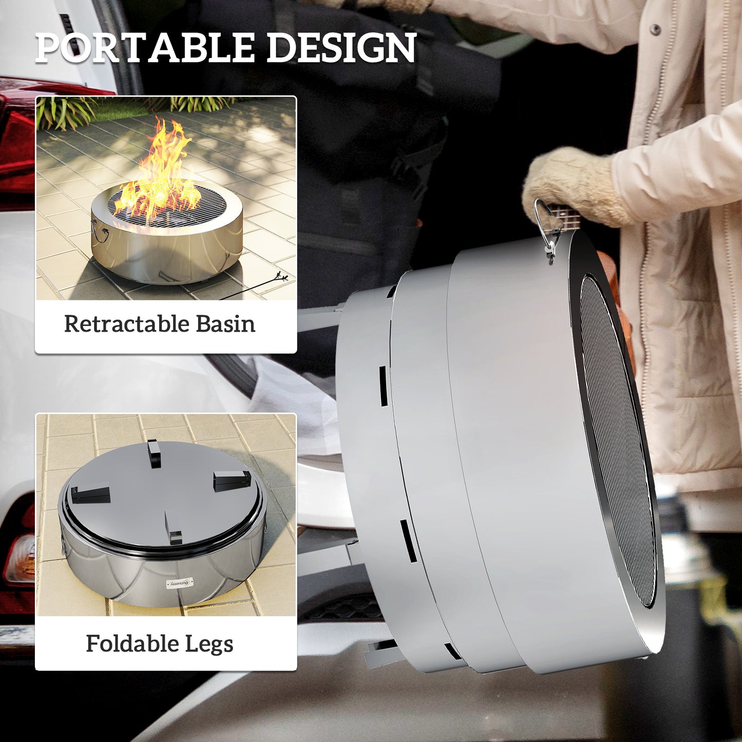 Round Fire Pit with Grill Net, Stainless Steel Firepit, Silver