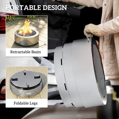 Round Fire Pit with Grill Net, Stainless Steel Firepit, Silver