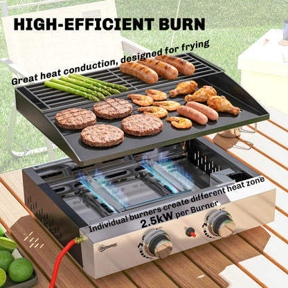 2 Burner Grill Griddle, Tabletop Gas BBQ with Grease Cup, Black
