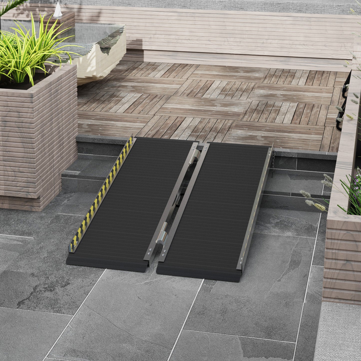Wheelchair Ramp Folding Aluminium Threshold Ramp w/ Non-Skid Surface, Transition Plates Above & Below , 122L x 73Wcm, 272KG Capacity,