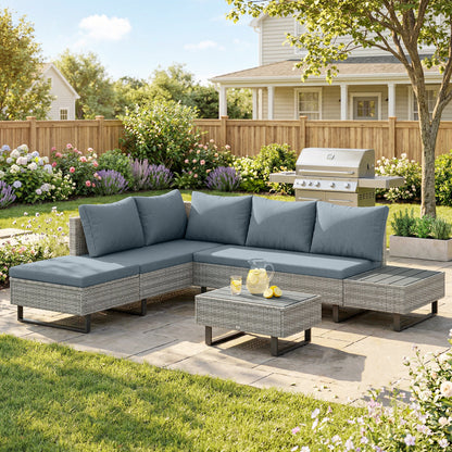 5 Seater Rattan Garden Furniture Set, Adjustable Back Corner Sofa Outdoor Lounge Set, Loveseat, Faux Wood Table, Cushions, L Shaped Patio Furniture Conversation Sets, Metal Frame, Grey