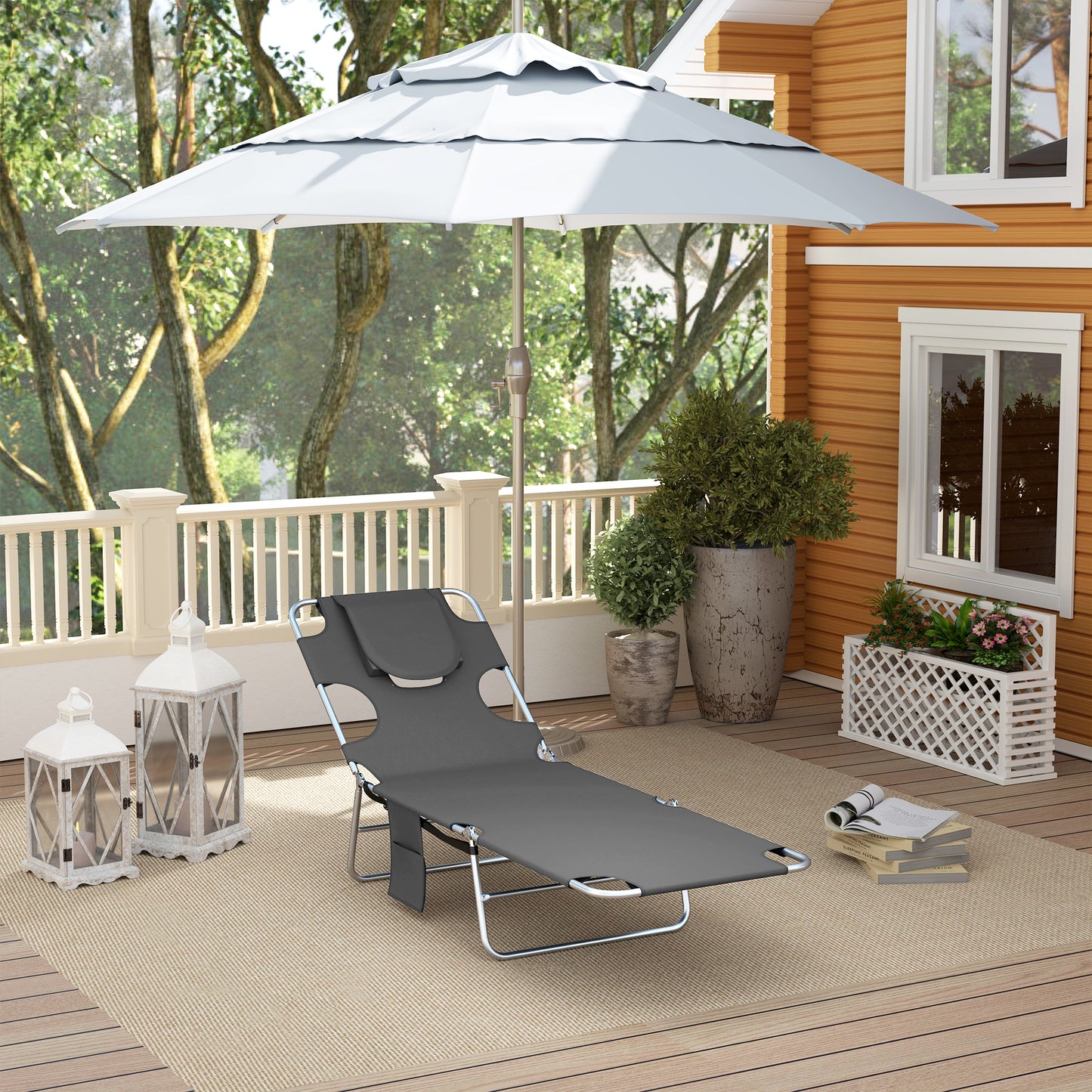 Sun Lounger with Reading Hole, Folding Garden Lounger, Dark Grey