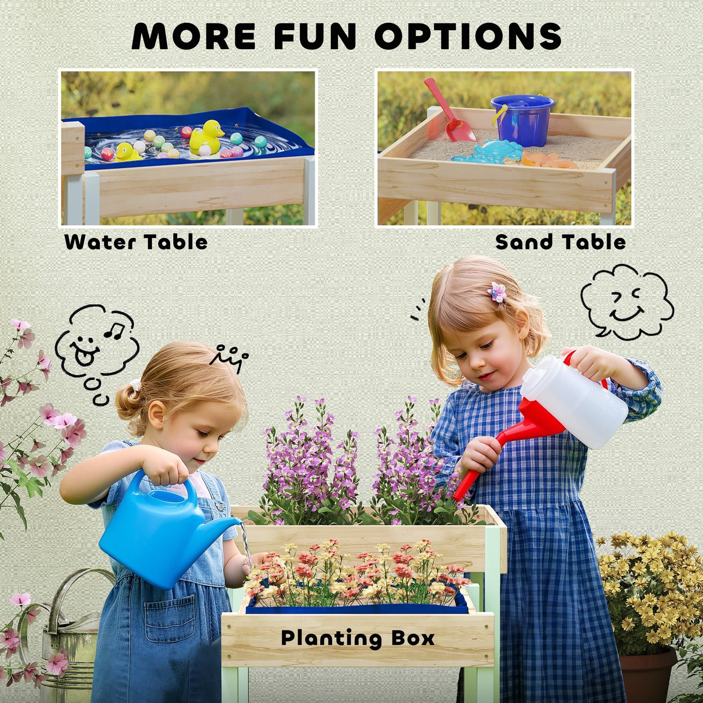 2 PCS Wooden Sandpits, Sand and Water Play Tables with Bottom Liner