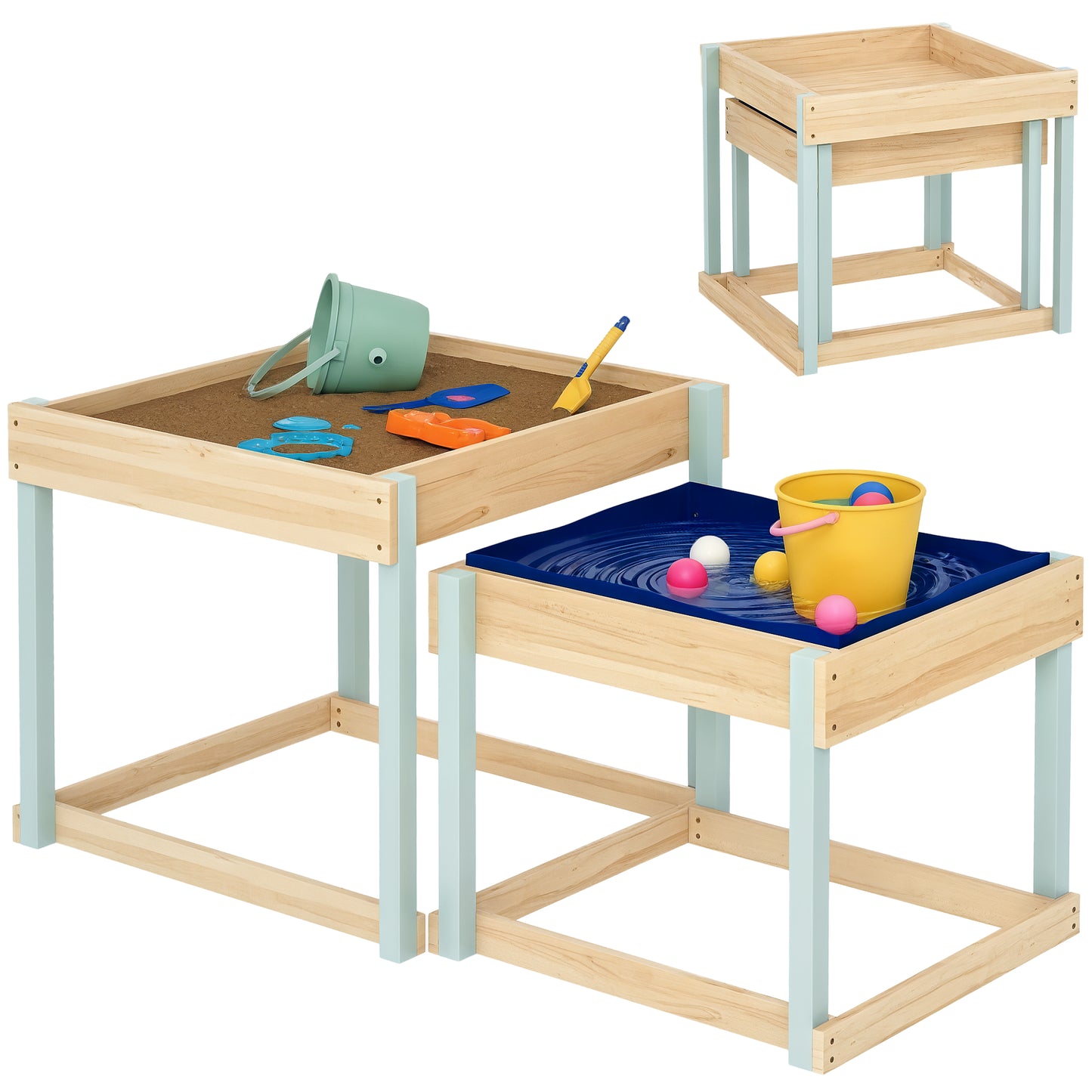 2 PCS Wooden Sandpits, Sand and Water Play Tables with Bottom Liner