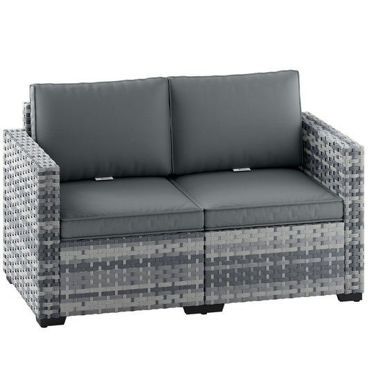 2 Seater Rattan Garden Sofa with Deep Seat, Wide Arms, Mixed Grey