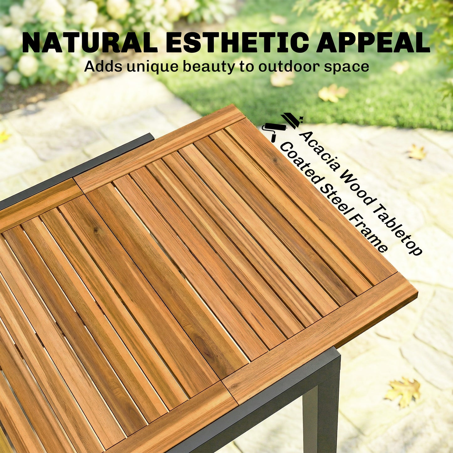 Extending Garden Table, Outdoor Dining Table for 6, Steel Frame Rectangular Patio Table with Acacia Wood Tabletop,80/120L x 70W x 75H cm