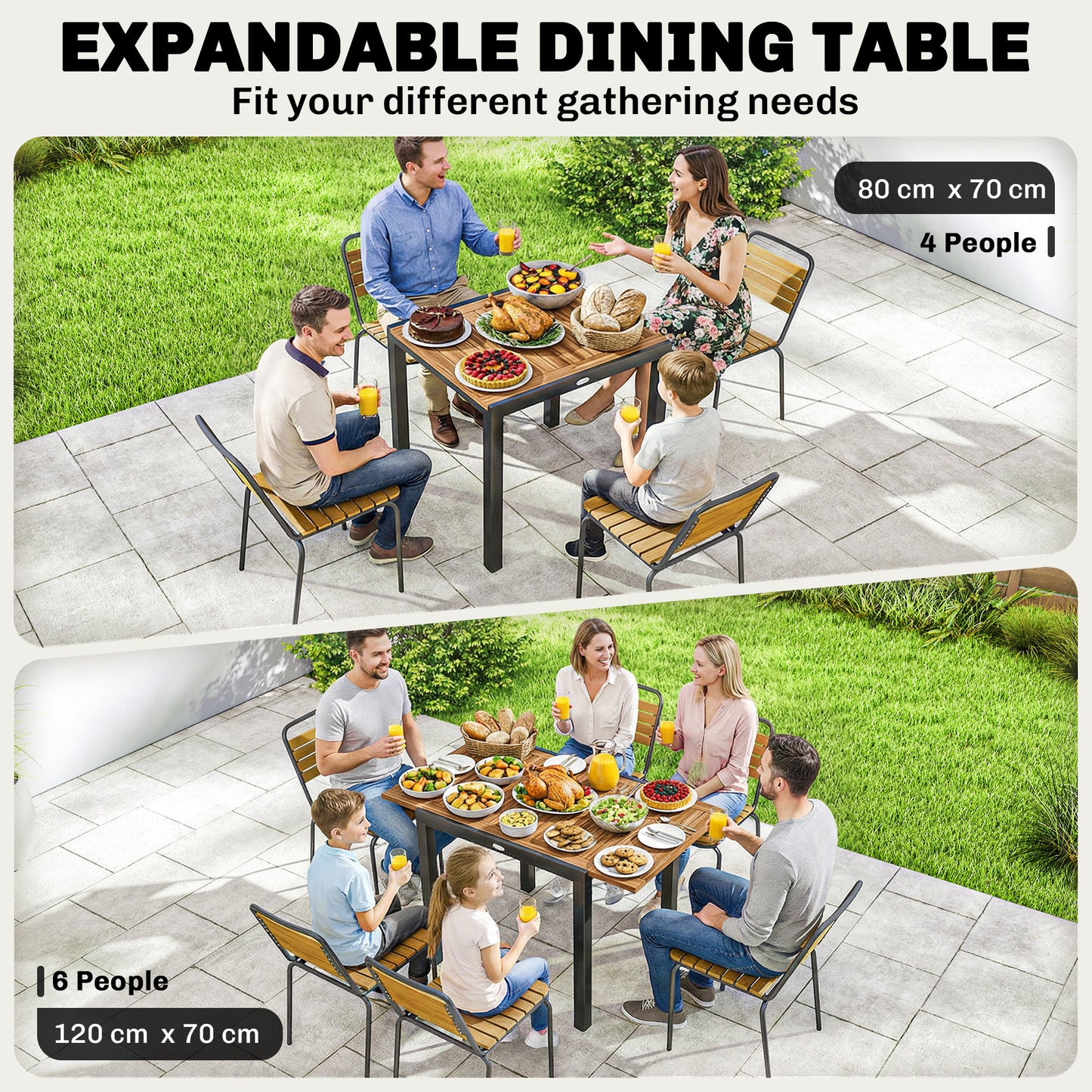 Extending Garden Table, Outdoor Dining Table for 6, Steel Frame Rectangular Patio Table with Acacia Wood Tabletop,80/120L x 70W x 75H cm