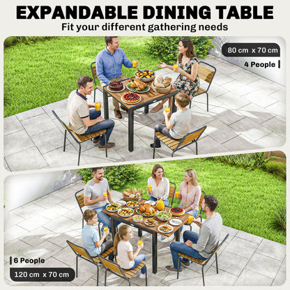 Extending Garden Table, Outdoor Dining Table for 6, Steel Frame Rectangular Patio Table with Acacia Wood Tabletop,80/120L x 70W x 75H cm