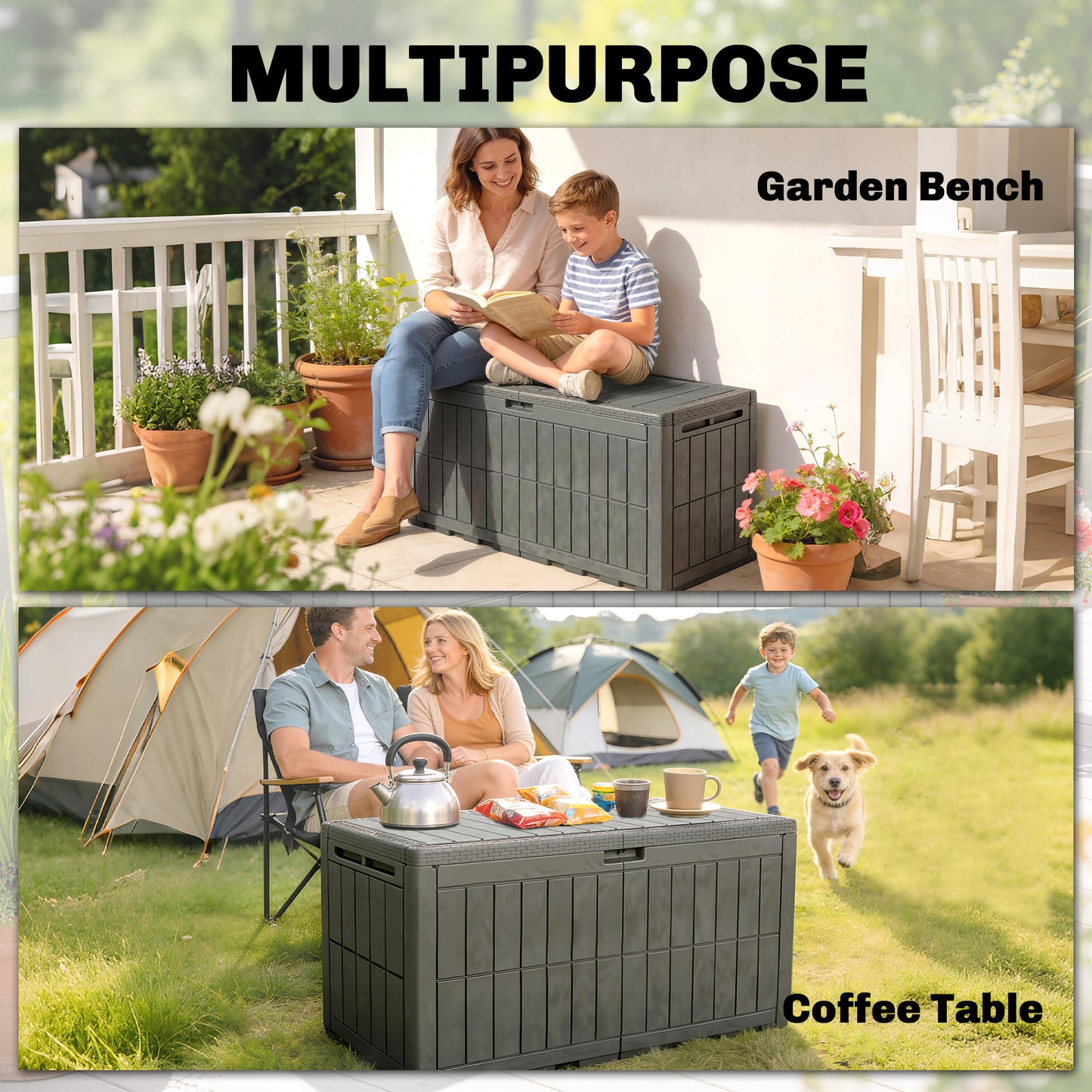 440L Garden Storage Box, Waterproof Resin Deck Box w/Lockable Lid