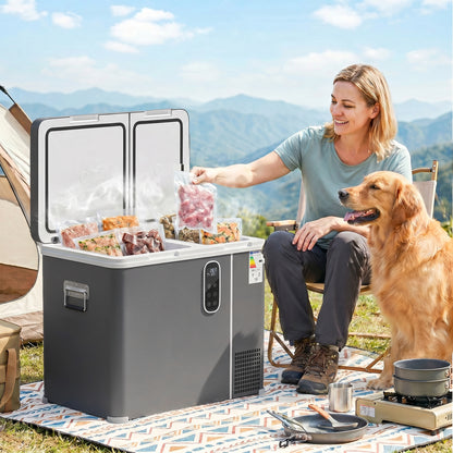 55L Compressor Car Fridge Freezer, Dual Zone Camping Refrigerator with App Control, 12/24V DC and 100-240V AC, Portable Electric Cool Box with Foldable Handle, Truck, Campervan, RV, Boat