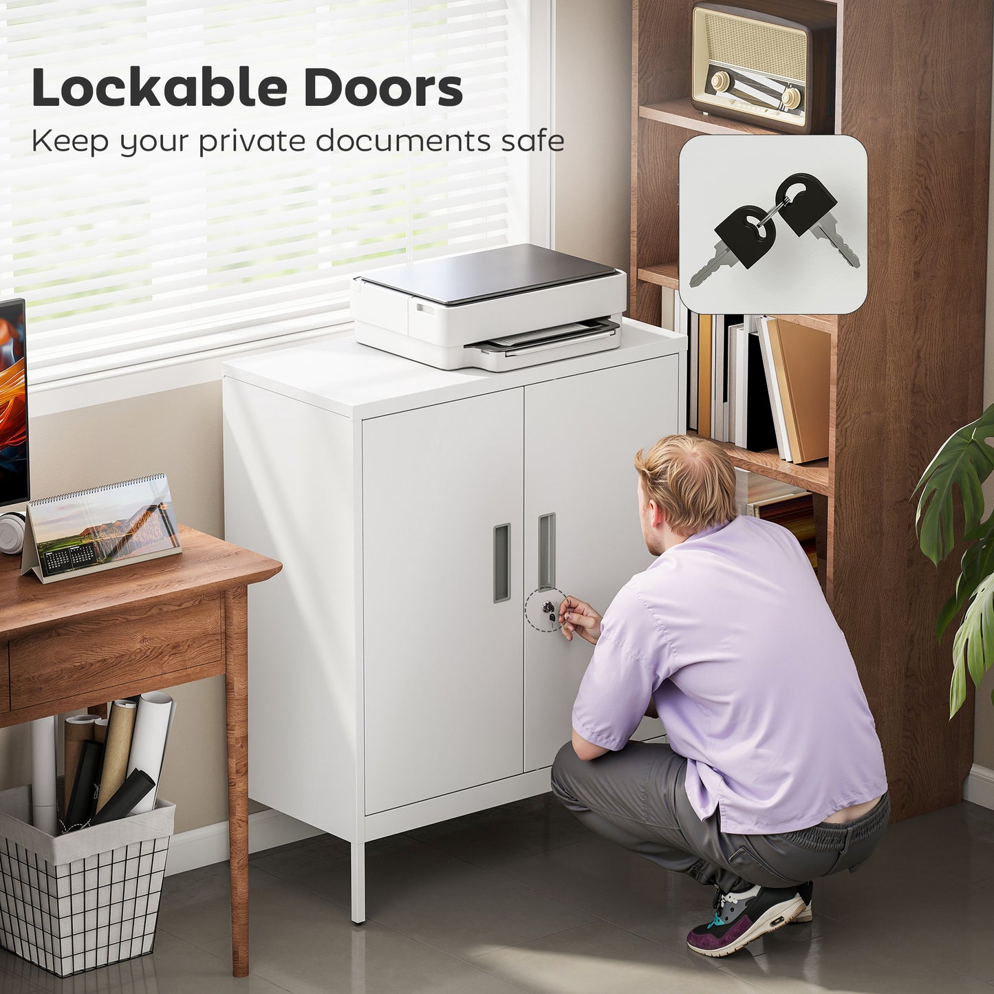 Metal Storage Cabinet with Lock for Home Office, Garage, Study, White