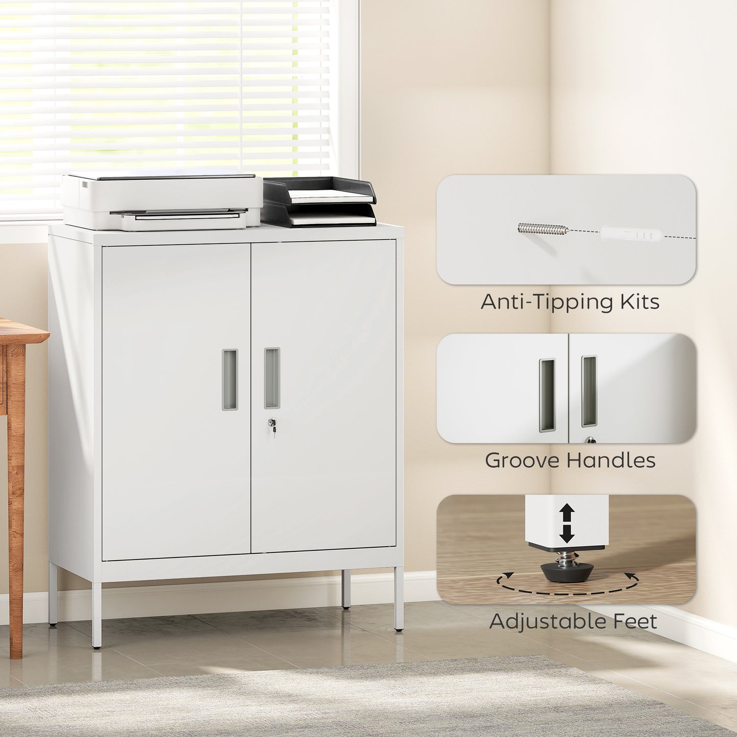 Metal Storage Cabinet with Lock for Home Office, Garage, Study, White