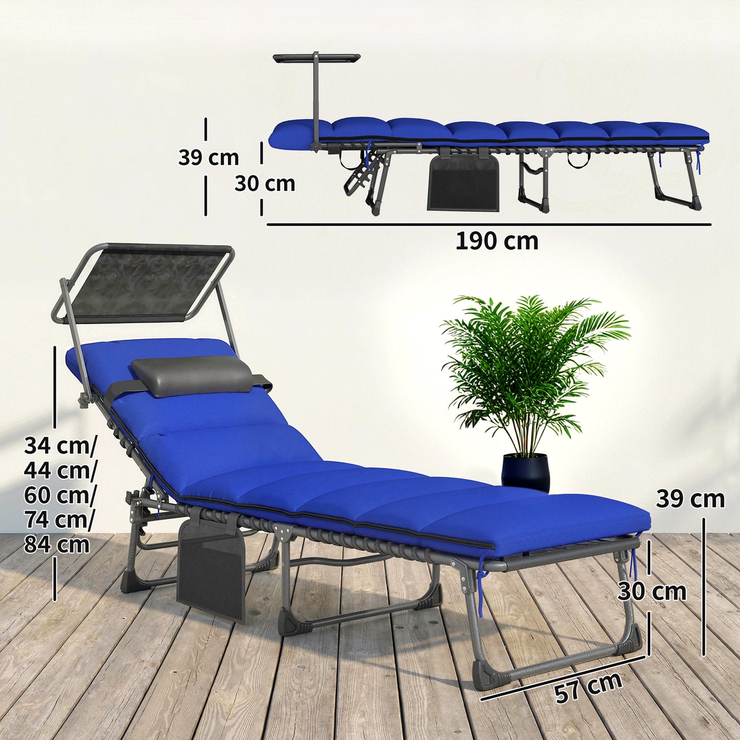 Folding Sun Loungers Set of 2, Sun Bed with Canopy, Dark Blue