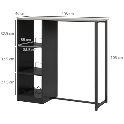 105 cm Rectangular Bar Table for 2 People with Wine Rack, Modern Breakfast Bar Table with 3 Storage Shelves and Faux Marble Top for Kitchen, Black