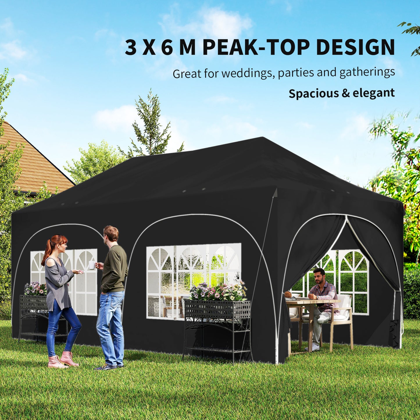 3 x 6m Pop Up Gazebo with Sides, Peak Top Garden Party Tent Marquee