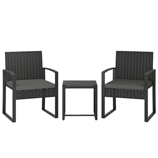 Rattan Bistro Set, 3 PCS Garden Furniture with Cushion, Dark Grey