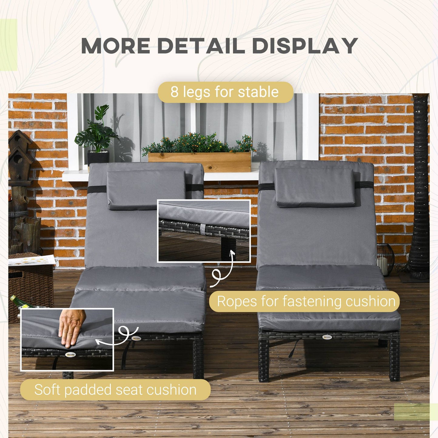 2 Pieces Rattan Sun Loungers w/ Padded Cushion for Poolside Dark Grey
