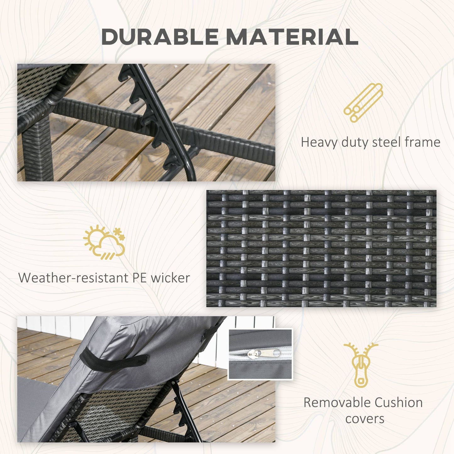 2 Pieces Rattan Sun Loungers w/ Padded Cushion for Poolside Dark Grey