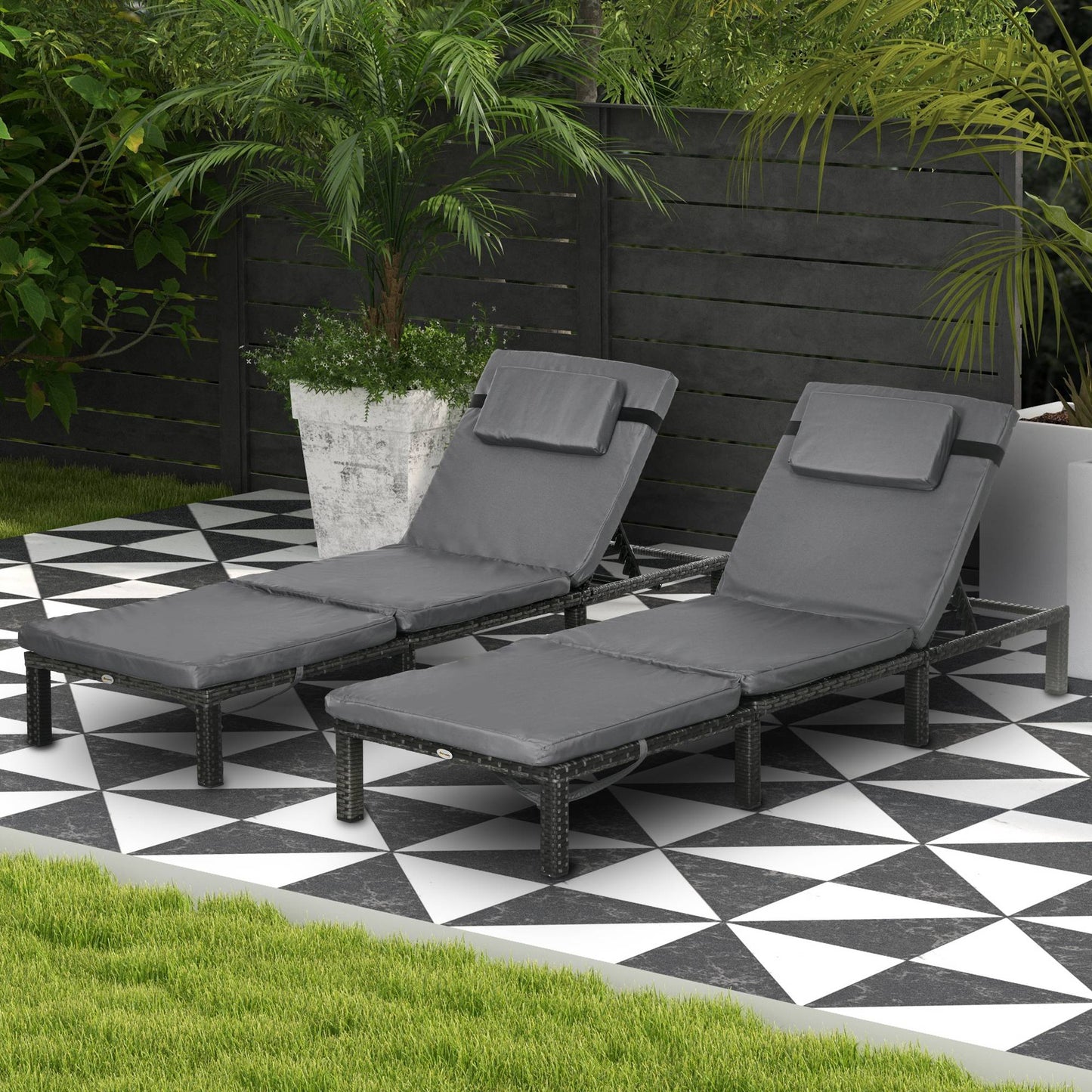 2 Pieces Rattan Sun Loungers w/ Padded Cushion for Poolside Dark Grey